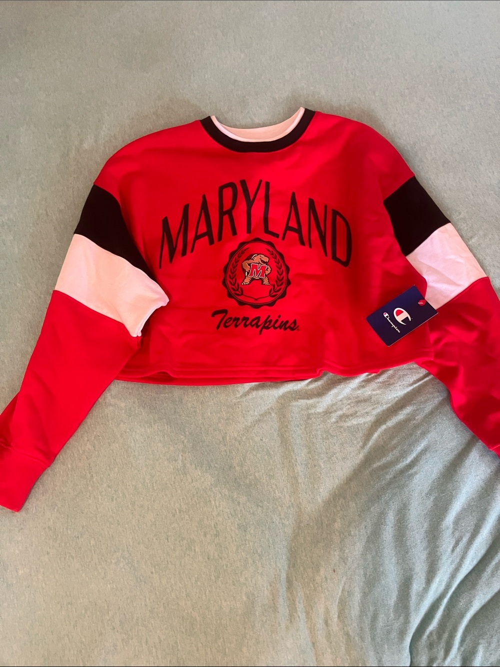 Champion Red Maryland Terrapins Colorblock Cropped Sweatshirt